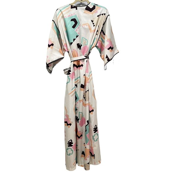 Mary McFadden Collection I Silky Kimono Robe Geometric Abstract Print Satin S - Picture 14 of 15